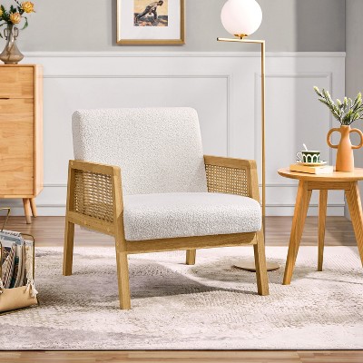 Ivory Boucle Fabric Accent Chair with Rattan Armrests and Wood Legs
