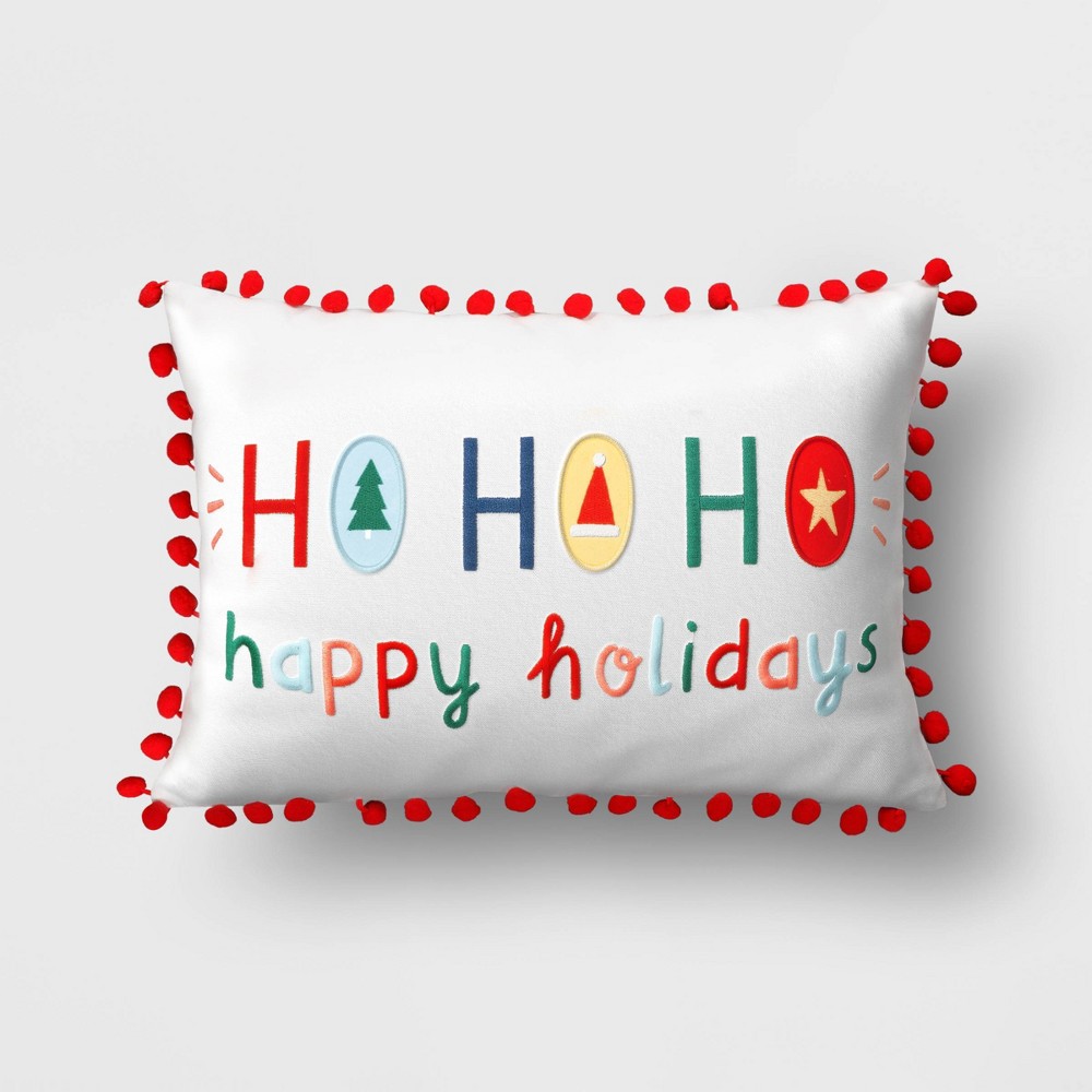 18"x12" Reversible 'Ho Ho Ho Happy Holidays' to Polka Dot Rectangle Christmas Lumbar Pillow White/Blue - Wondershop™ 8 Count 