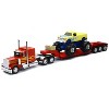 Peterbilt 379 Truck with Lowboy Trailer Red w/Orange Flames and Monster Truck Yellow w/Blue Flames 1/32 Diecast Model by New Ray - 4 of 4