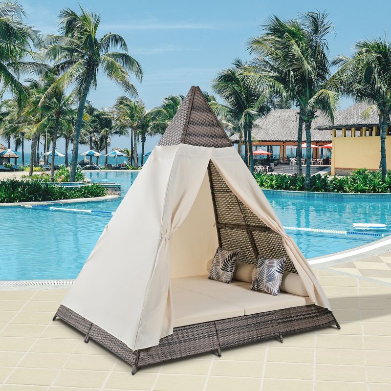 90.5"W. Outdoor Sunbed With Tent Shape and Curtains, Patio Wicker Daybed With Colorful Pillows, Brown-ModernLuxe, 2 of 12