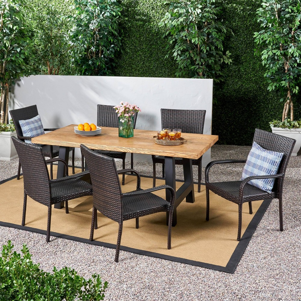 Photos - Garden Furniture Morrison 7pc Wicker & Lightweight Concrete Dining Set - Brown - Christophe