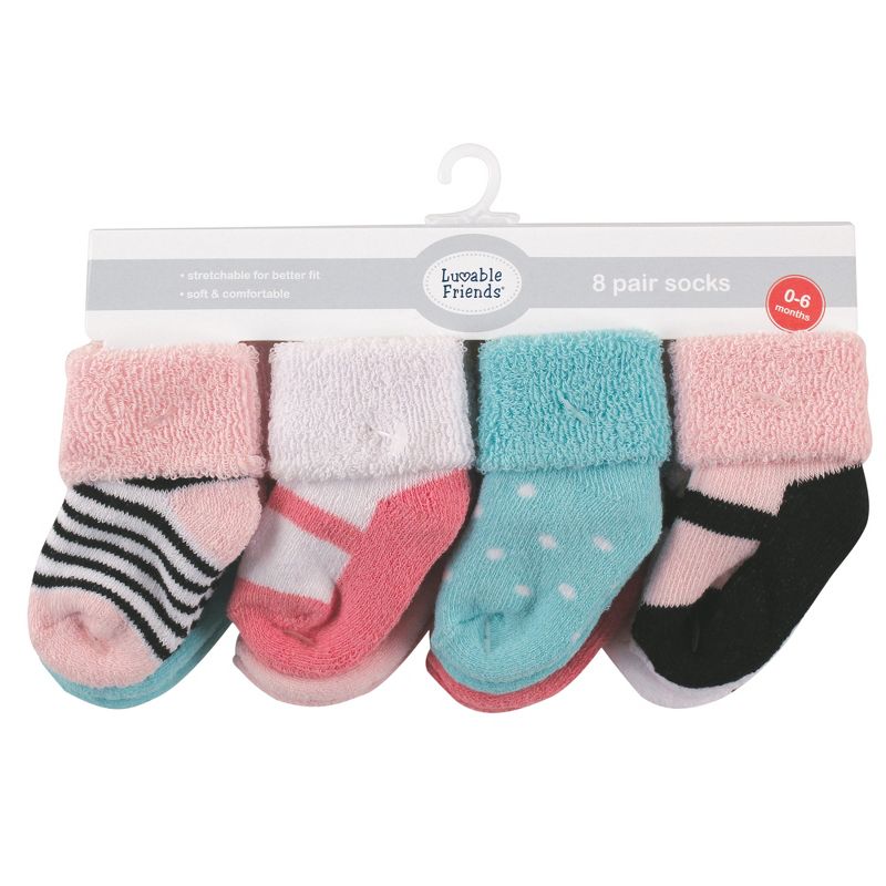 Luvable Friends Baby Girl Newborn and Baby Terry Socks, Mint Pink Mary Janes, 3 of 4