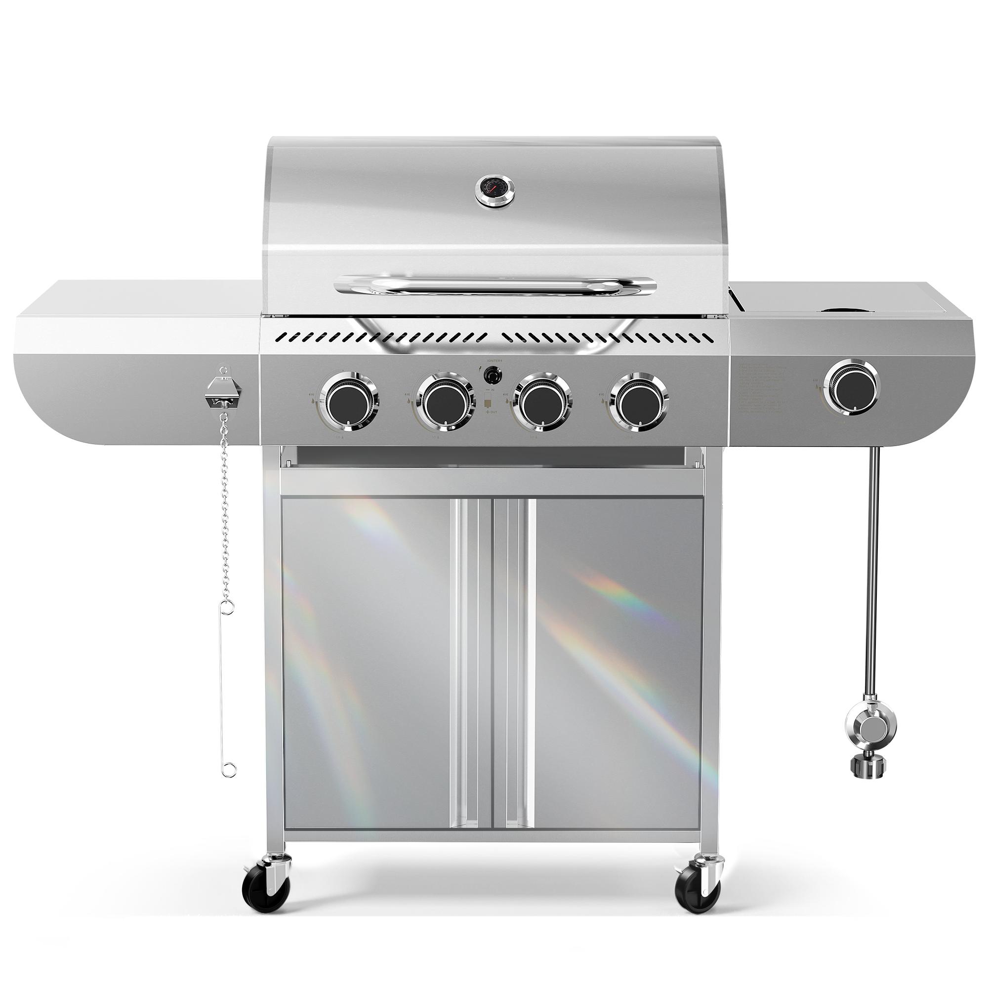 R.W.FLAME 4-Burner Propane Gas Grill with Side Burner, 42,000 BTU Stainless Steel BBQ Grill for Outdoor Cooking, with Cast Iron Grates, Baking Pan