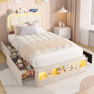 Twin Upholstered Platform Bed Frame with Storage Headboard and 4 Drawers, LED Velvet Princess Bed for Kids Girls - 1 of 4