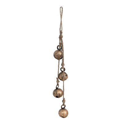 Storied Home Hanging Metal Jingle Bells with Jute Rope, Antique Brass Finish