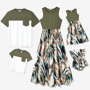 Family Matching Outfits Women Girls Sleeveless Splicing Floral Leaf Print Midi Dresses and Colorblock Short-sleeve  Shirts - 1 of 4