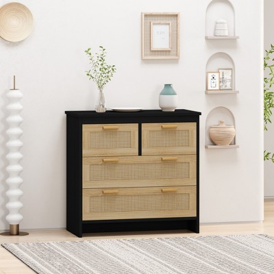 RISOKEYS 4 Drawer Dresser for Bedroom, Wooden Rattan Dresser Chest of Drawers, for Bedroom,Living Room,Dining Room,Hallways