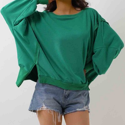 Women's Slouchy Crewneck Sweatshirt - Stretch Polyester Blend with Side Slit Details Cherie Code