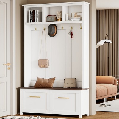 Lycvki Versatile 4-in-1 Hall Tree with 6 Golden Hooks, Wood Grain Bench