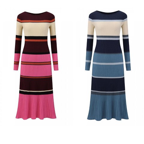 Женские платья INSPIRE CHIC Women's Striped Long Sleeve Casual Work Ribbed Knit Bodycon Sweater Dress Khaki Small 2 Packs Grey Blue/Fushcia Medium