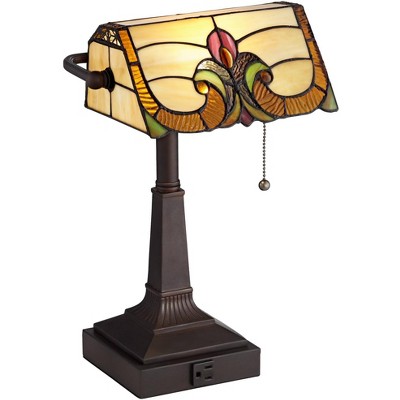 Robert Louis Tiffany Traditional Piano Banker Desk Table Lamp 17" High with AC Power Outlet Bronze Floral Art Glass Bedroom Office