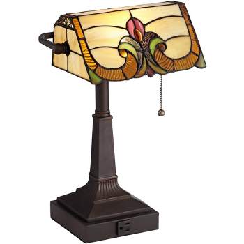 Robert Louis Tiffany Traditional Piano Banker Desk Table Lamp 17" High with AC Power Outlet Bronze Floral Art Glass Bedroom Office