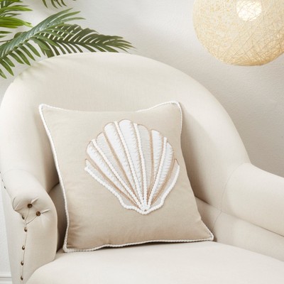 Natural Seashell Embroidered Cotton Down Throw Pillow, 18"