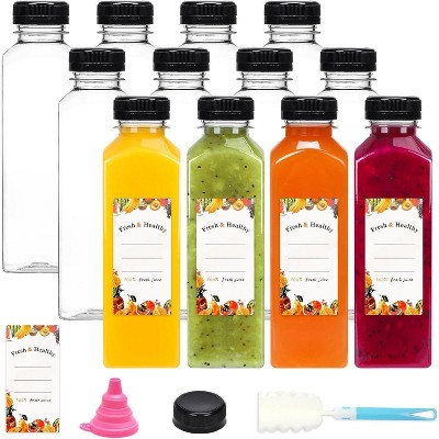 Plastic Juice Bottles with Caps, 12-Piece 12oz Clear Reusable Drink Containers