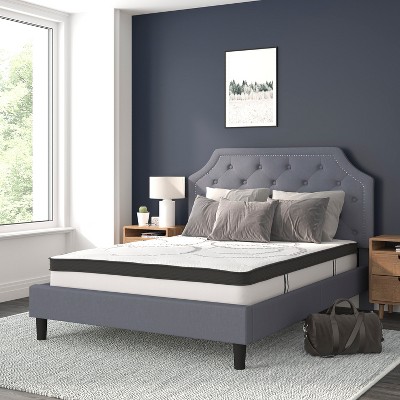 Brighton Queen Light Gray Tufted Upholstered Platform Bed with Nailhead Trim