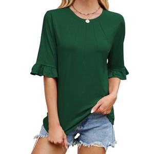 Women's Crew Neck Ruffle Sleeve Top, Half - Sleeve Pleated T - Shirt, Casual Flowy Tee - 1 of 4