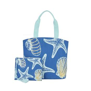 Mina Victory Sequin Seashells and Starfish 22" x 15" x 6" Beach Bag with Matching Clutch Blue