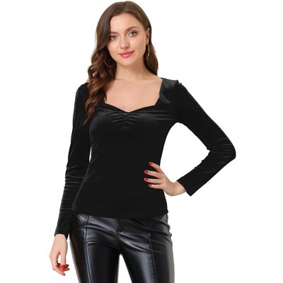 INSPIRE CHIC Women's Sweetheart Neckline Pleated Front Long Sleeve Retro Velvet Blouse