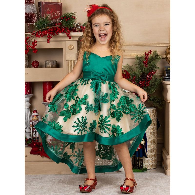 Girls Sheer Collar Green Embroidered Hi-Lo Dress - Mia Belle Girls, 4 of 8