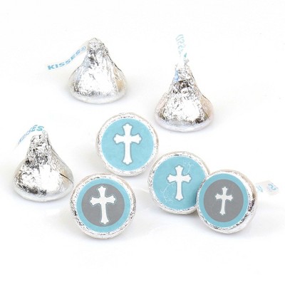 Big Dot of Happiness Little Miracle Boy Blue Cross - Baptism or Baby Shower Round Candy Sticker Favors - Labels Fits Chocolate Candy (1 sheet of 108)