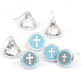 Big Dot of Happiness Little Miracle Boy Blue Cross - Baptism or Baby Shower Round Candy Sticker Favors - Labels Fits Chocolate Candy (1 sheet of 108)