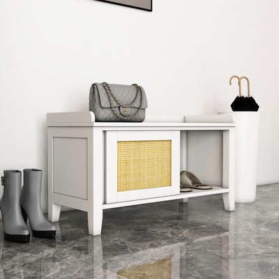 White Pine Wood Shoe Storage Bench with Rattan Sliding Doors