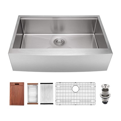 HausinLuck 18 Gauge 304 Stainless Steel Curved Apron Farmhouse Kitchen Sink w/ Cutting Board & Drain, Single Bowl, Top/Undermount, 30x22x9", Brushed