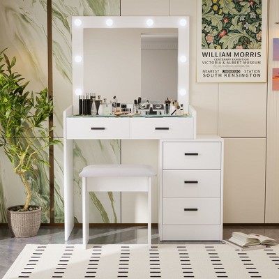 Makeup Vanity Table With Sliding Mirror And Lights, 3 Color Lighting Modes, Dressing Table With Stool & 5 Drawers, Modern Vanity Desk For Bedroom