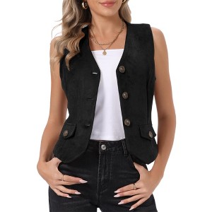 INSPIRE CHIC Women's V Neck Button Down Faux Suede Waistcoat with