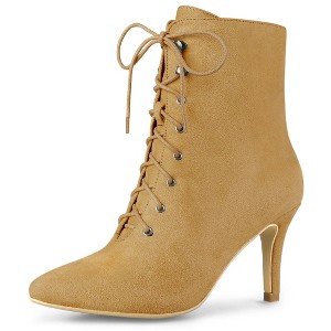Allegra K Women's Pointy Toe Zip Lace Up Stiletto Heel Ankle Boots - 1 of 4