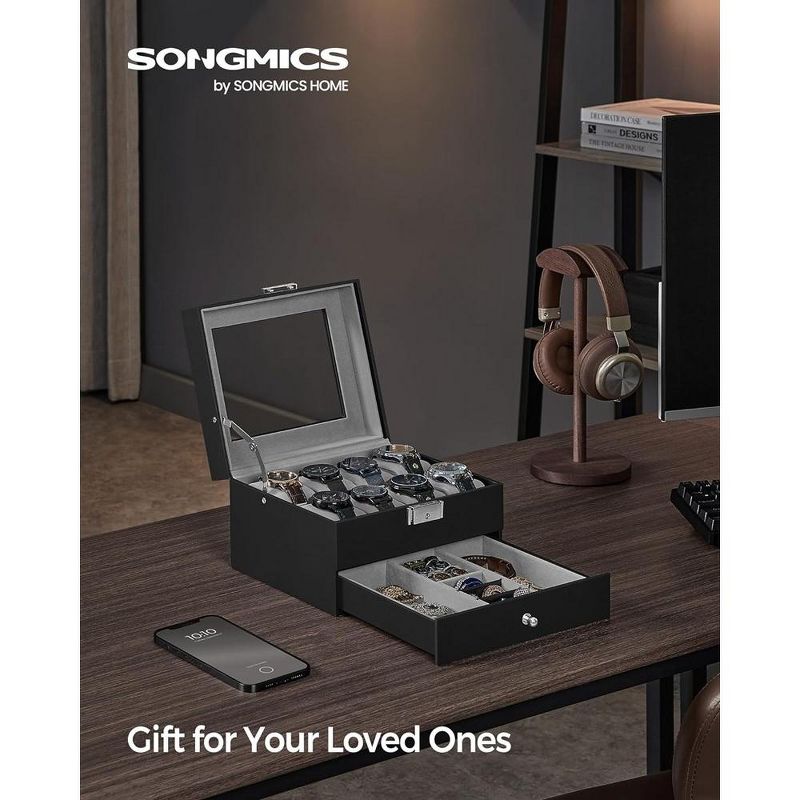 SONGMICS 8-Slot Watch Box Lockable Watch Case with Glass Lid 2 Layers for Rings Bracelets Black Synthetic Leather Greenish Gray Lining, 2 of 5