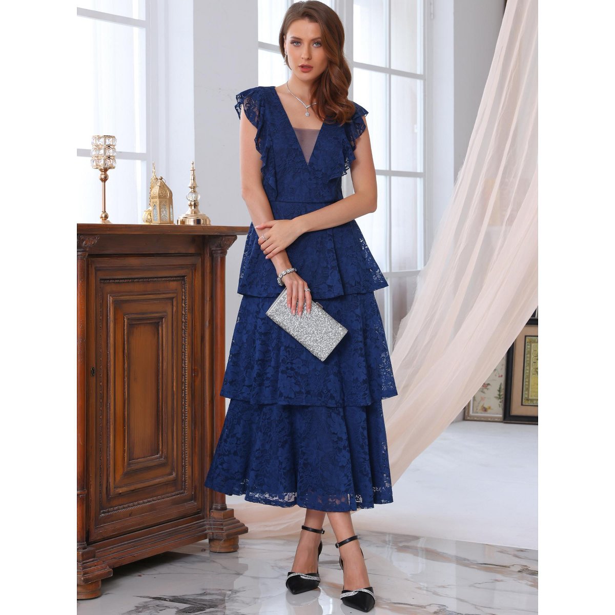 Женские платья INSPIRE CHIC Women's Lace Cocktail Evening Ruffle Cap Sleeves Tiered A-Line Maxi Dresses Medium Blue — фото 3