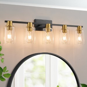 POWLIG 35-in 5-Light Black and Gold Modern Dimmable Bathroom Vanity Light with Cylindrical Glass Shade - 1 of 4