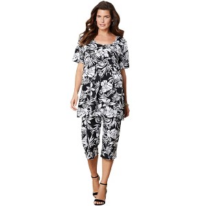 Roaman's Women's Plus Size Printed Henley Capri Set - 1 of 4