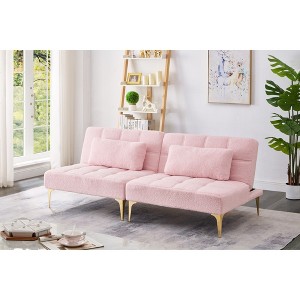 71" Teddy Fabric Convertible Futon Sofa Bed with Gold Metal Legs - 1 of 4