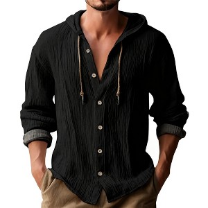 Men's Lightweight Hooded Shirt Casual Button Down Long Sleeve Tunic TOP for Daily Wear - 1 of 4