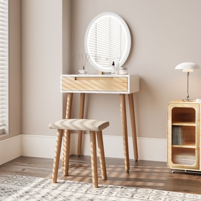 Elecwish Wood Small Vanity Table with Mirror and Chair