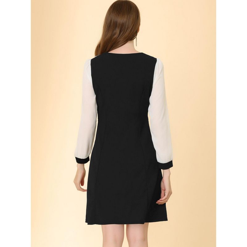 Allegra K Women's V Neck Button Decor Elegant Contract Panel Midi Dress, 5 of 7