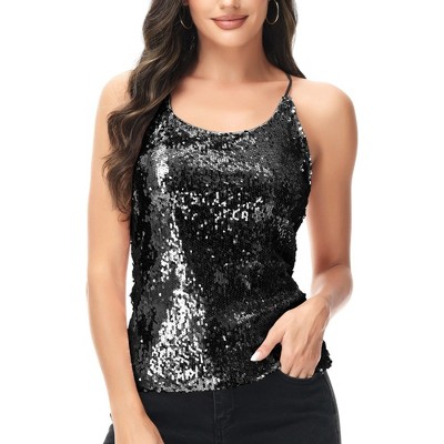 Anna-kaci Women's Scoop Neck Razer Back Sequin Spaghetti Strap Camisole  Tank Top Blouse - X Large, Black : Target