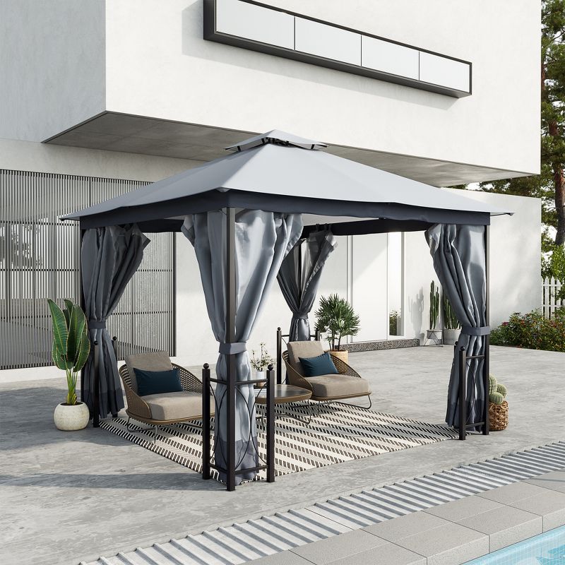 Outsunny 13' x 11' Patio Gazebo Canopy Garden Tent Sun Shade, Outdoor Shelter with 2 Tier Roof, Netting and Curtains, Steel Frame for Patio, Backyard, Garden, 3 of 7