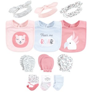 Hudson Baby Infant Girl Caps or Headbands, Bibs, Mittens and Socks 12pc Set, Safari, 0-6 Months - 1 of 4