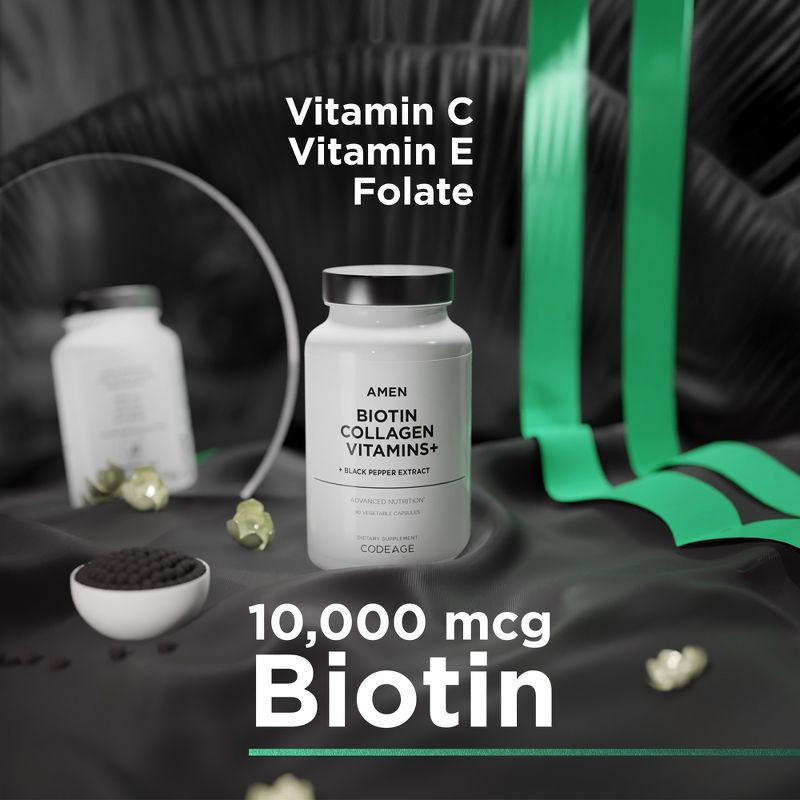 Amen Biotin Collagen Peptides, Vitamins C & E, Folate, Keratin, Hyaluronic Acid, Hair & Skin - 90ct, 4 of 10