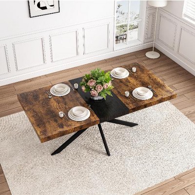 NicBex Retro Rectangular Expandable Dining Table with Antique Wood Top & Black Relief Plate, Cross Iron Base Stretch Dining Table with Storage Box