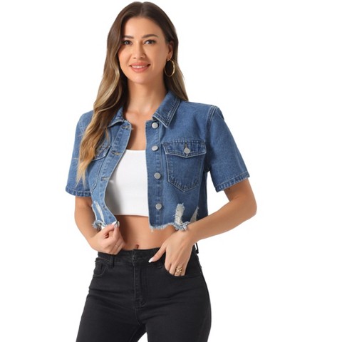 Allegra K Women's Casual Collared Short Sleeve Frayed Crop Jean Denim Jacket Small Sky Blue