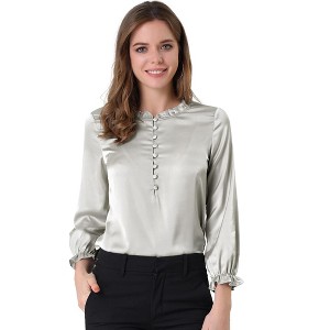 Allegra K Women's Ruffle Neck Long Sleeve Elastic Cuff Button Office Satin Blouse - 1 of 4