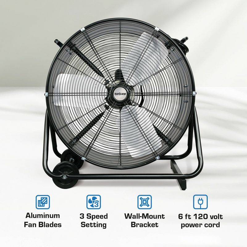 Hurricane Pro Series 24 Inch Heavy Duty Adjustable Portable Tilt Drum Fan with 3 Adjustable Speed Settings and Powder-Coated Finish, Black, 3 of 7