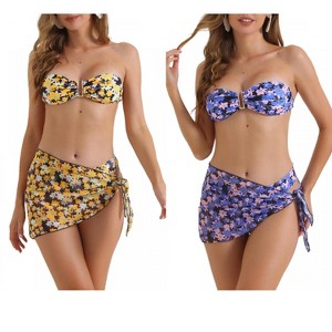 INSPIRE CHIC Women's Floral Print Bandeau Tie Back Swimwear Triangle Bottoms Bathing Bikini Suits 3 Pieces 2 Sets - 1 of 4