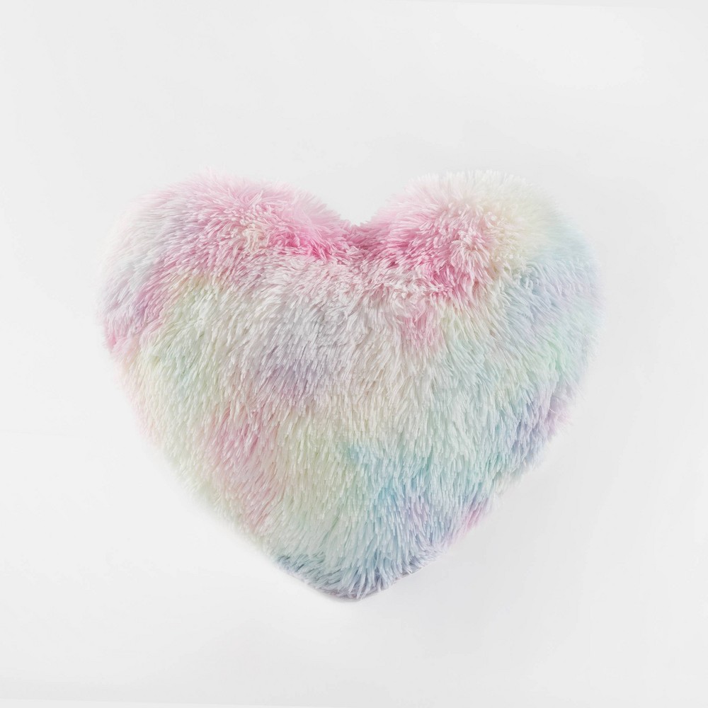 Photos - Pillow Teen Rainbow Tie Dye Fur Heart Throw  Yellow/Blue/Pink - Makers Coll