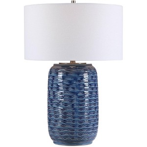 Uttermost Modern Coastal Table Lamp 27" Tall Blue Wavy Ceramic White Linen Fabric Drum Shade for Living Room Bedroom Beach House - 1 of 1