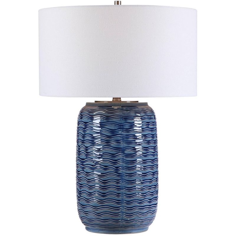 Uttermost Modern Coastal Table Lamp 27" Tall Blue Wavy Ceramic White Linen Fabric Drum Shade for Living Room Bedroom Beach House, 1 of 2